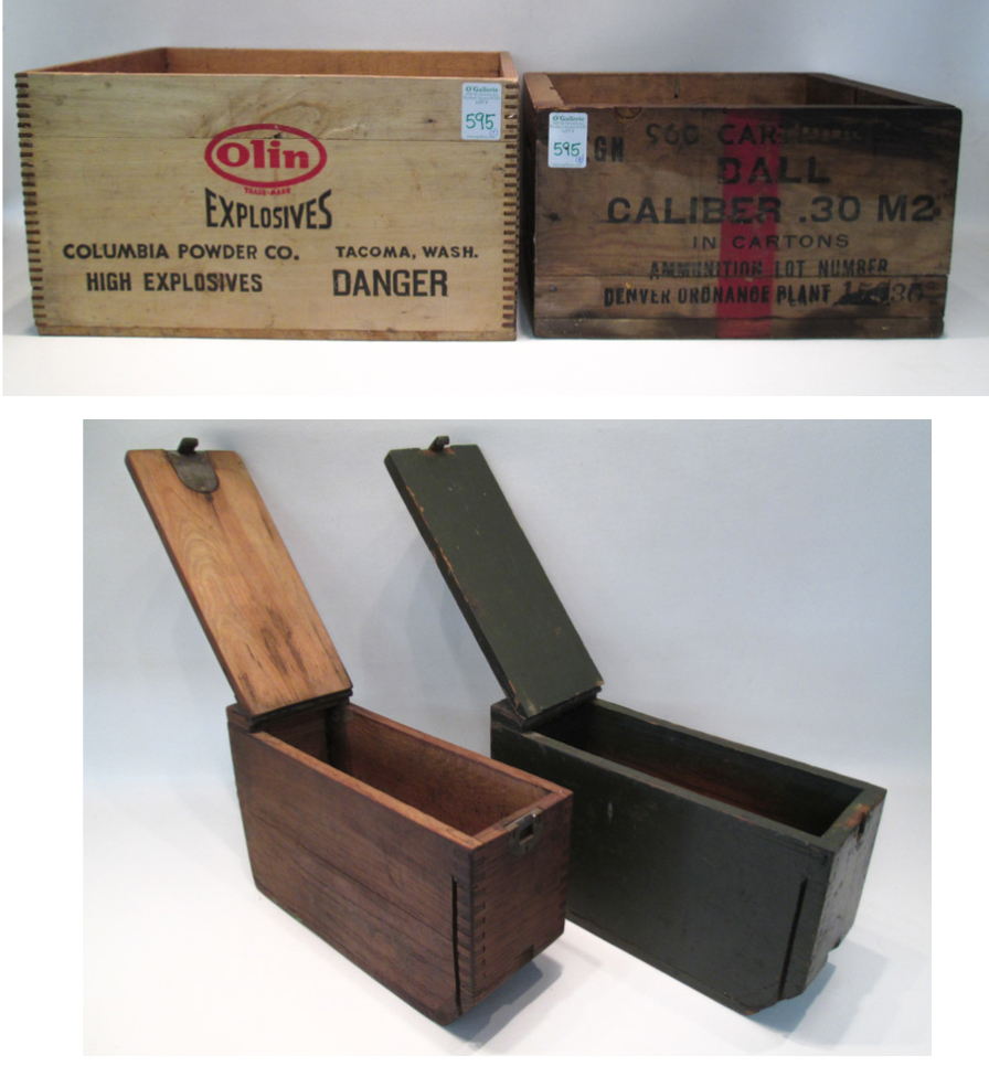 Appraisal: FOUR WOOD AMMUNITION AND EXPLOSIVE BOXES two are oak WW