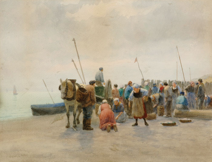 Appraisal: WILLIAM EDWARD NORTON AMERICAN - VILLAGERS MEETING THE CATCH Watercolor