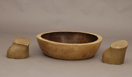 Appraisal: Modern Wooden Bowl with Two Papier Mach Hat Molds Provenance