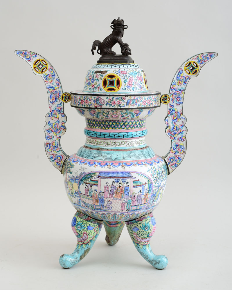 Appraisal: CHINESE ENAMELED TRIPOD INCENSE BURNER AND COVER The squat globular