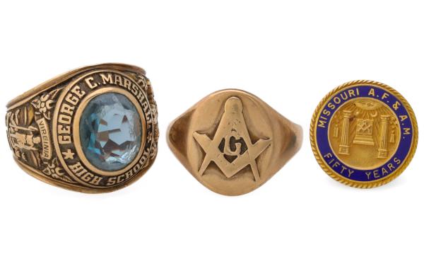 Appraisal: A K GOLD CLASS RING AND MASON'S LODGE JEWELRYThree items