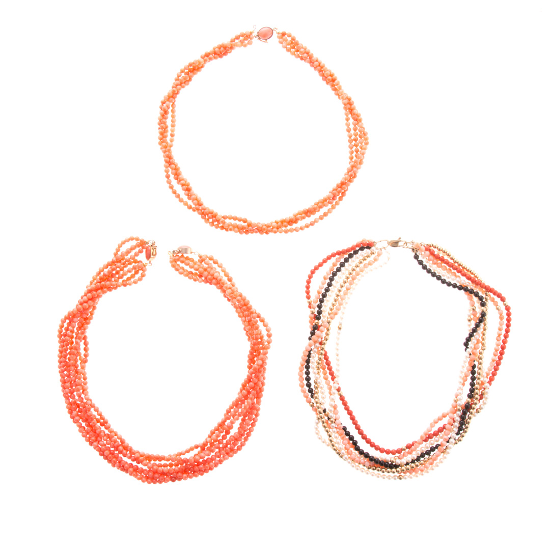 Appraisal: Four Multi Bead Coral Necklaces in K K K yellow