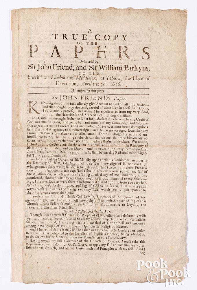 Appraisal: Early English execution broadside printed Early English execution broadside printed