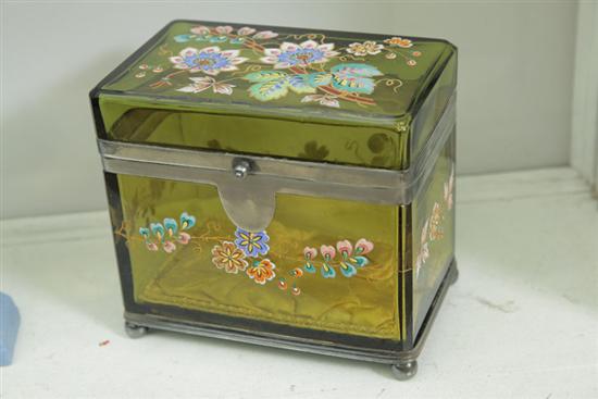 Appraisal: PAINT DECORATED GLASS DRESSER BOX Yellow green box with polychrome