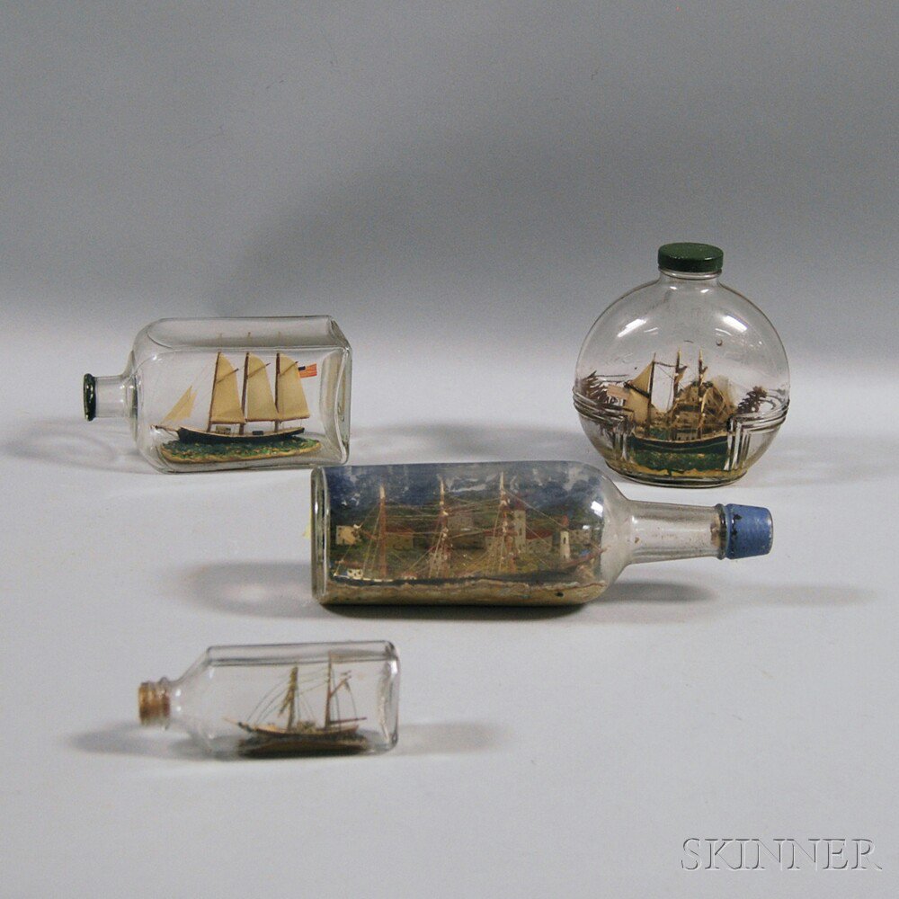 Appraisal: Four Folk Art Mixed-media Ships in Glass Bottles th century