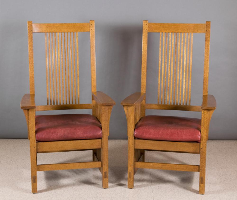 Appraisal: PAIR OF STICKLEY OAK SPINDLE ARMCHAIRS Mission Collection model -