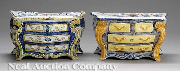 Appraisal: Two Antique French Faience Commode-Form Flower Holders each decorated in