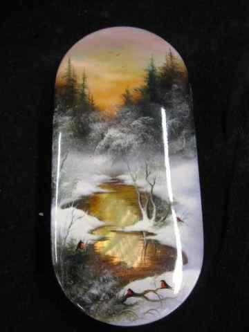 Appraisal: Russian Lacquerware Handpainted Box with winter landscape birds abalone reflective