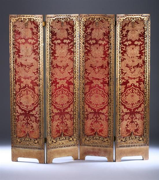 Appraisal: CARVED AND GILT-WOOD TAPESTRY-UPHOLSTERED FOUR-FOLD FLOOR SCREEN late th century