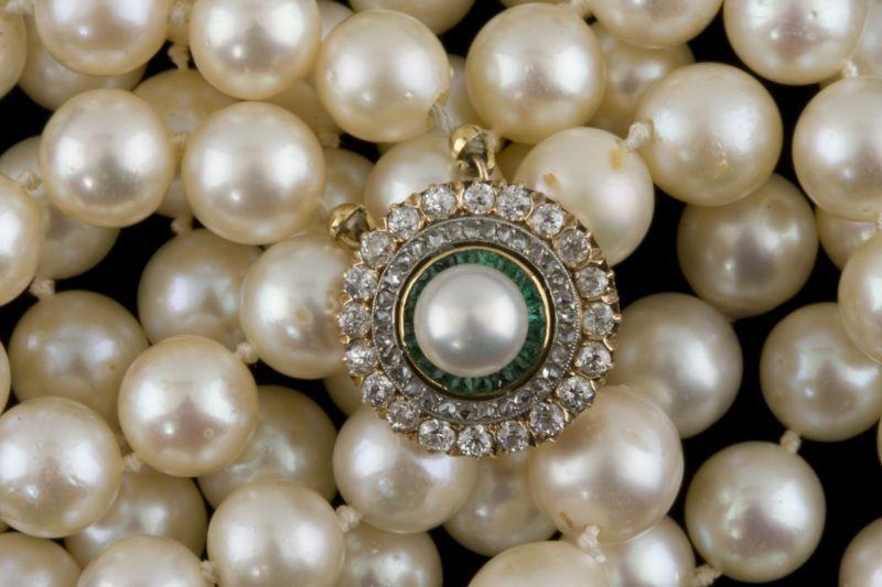 Appraisal: Pearl Diamond and Emerald Necklace double strand each set with