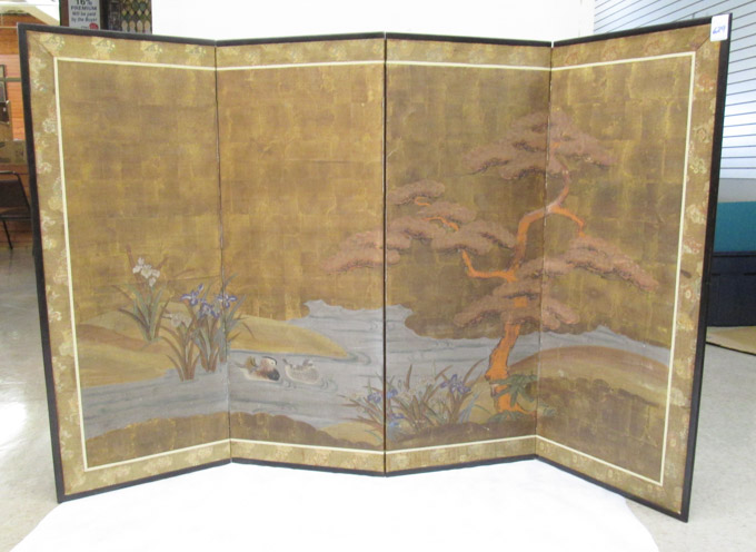 Appraisal: JAPANESE FOUR-PANEL BYOBU SCREEN WITH CERTIFICATE OF APPRAISAL pictorial landscape