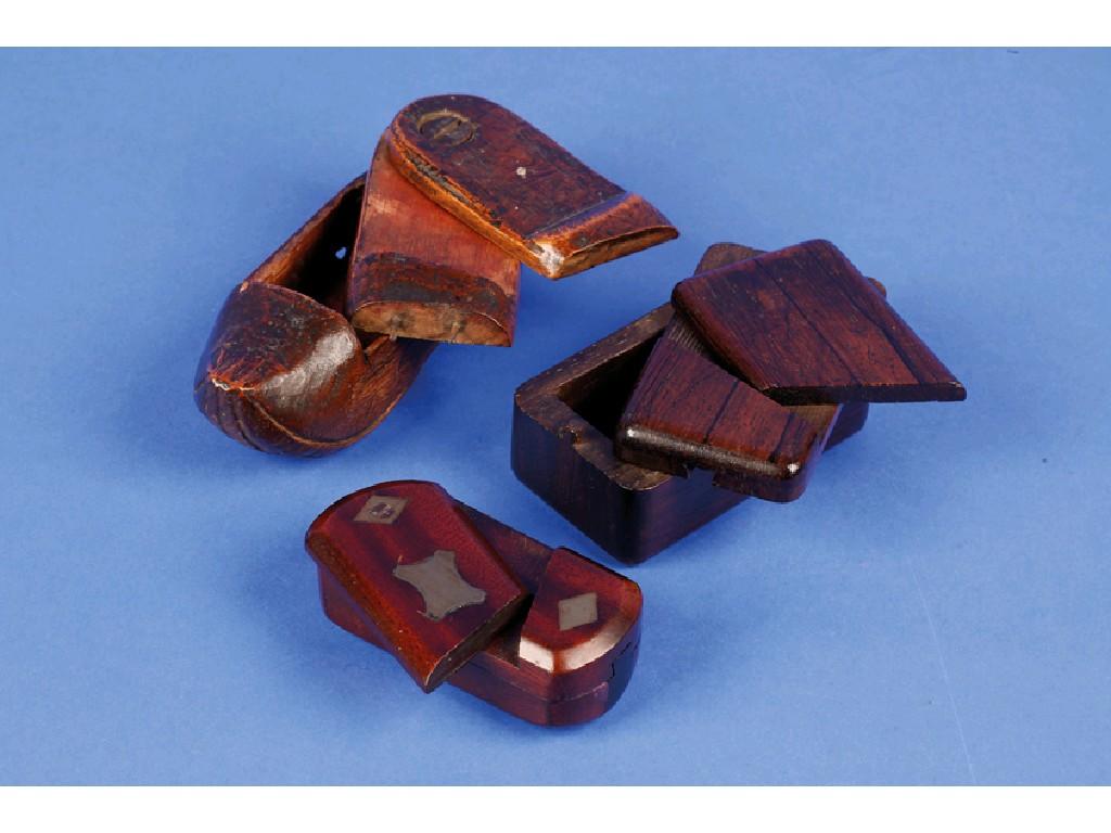 Appraisal: THREE TH CENTURY WOODEN PUZZLE BOXES one in the form