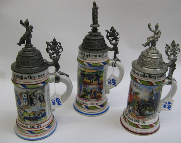 Appraisal: THREE GERMAN PORCELAIN REGIMENTAL ONE-HALF LITER BEER STEINS all with