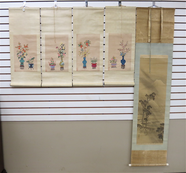 Appraisal: FIVE CHINESE SCROLLS Four similar floral still-lifes with vases and