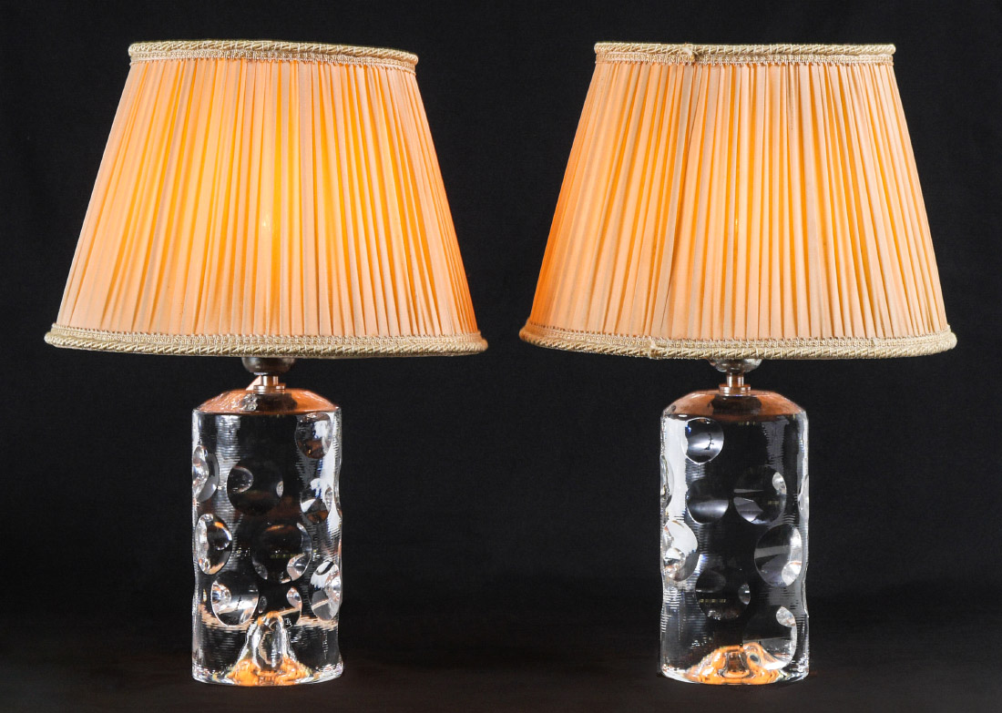 Appraisal: PAIR BACCARAT COIN DOT CRYSTAL LAMPS Ribbed crystal bases with