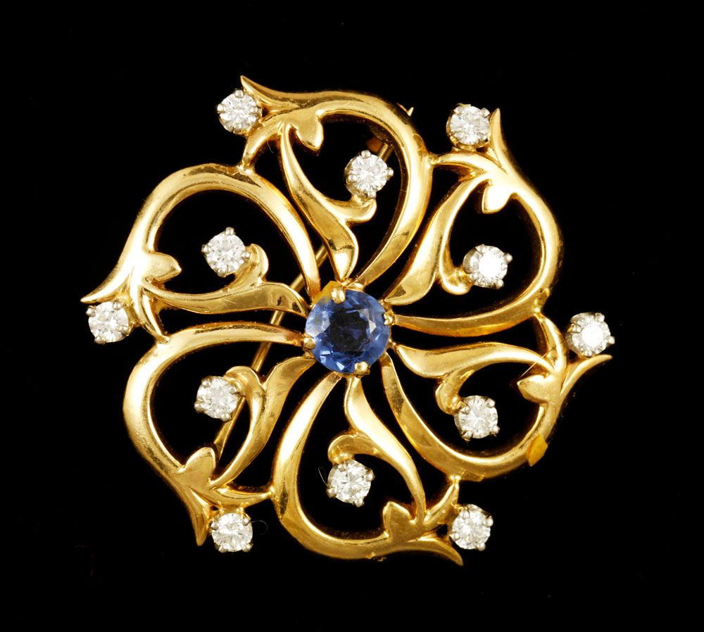 Appraisal: - K Gold Diamond and Sapphire Pin K yellow gold