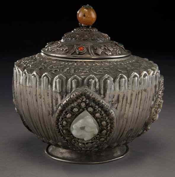 Appraisal: Chinese-Mongolian white jade inlaid covered jar ''H x '' Dia