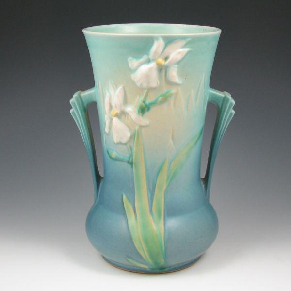 Appraisal: Roseville Iris handled vase in blue Faintly marked Roseville -