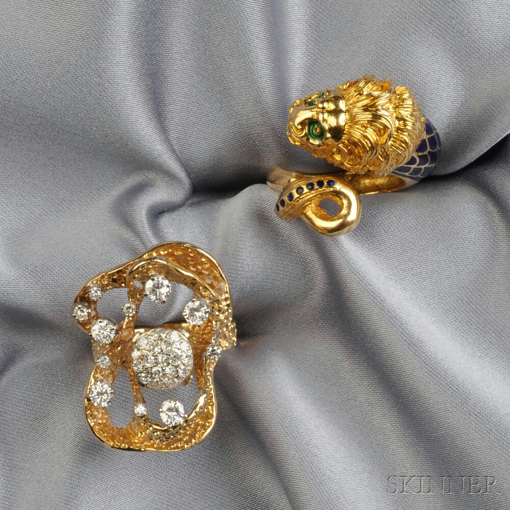 Appraisal: Two Gold Gem-set Rings an kt gold and enamel lion's