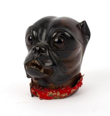 Appraisal: An English carved wood inkwell modelled as a Pug with