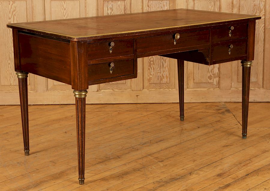 Appraisal: MAHOGANY LEATHER TOP LOUIS XVI STYLE WRITING DESK A mahogany