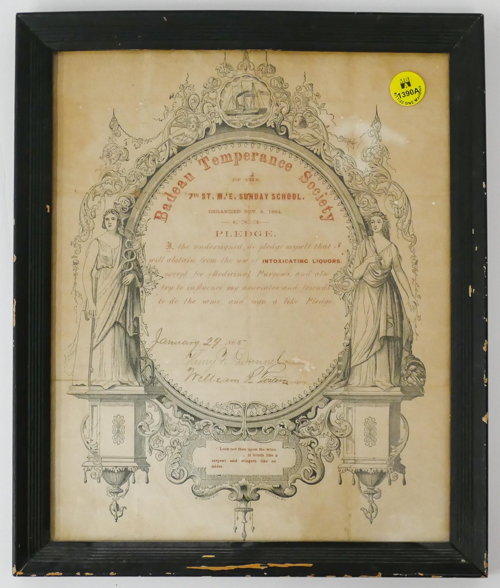 Appraisal: Badeau Temperance Society Pledge Framed x