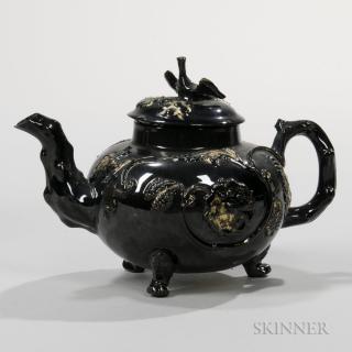 Appraisal: Staffordshire Jackfield Black-glazed Teapot and Cover England c bird finial