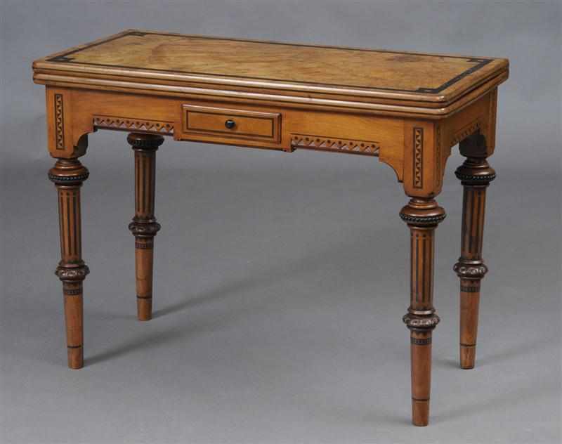 Appraisal: VICTORIAN INLAID BURL WALNUT CARD TABLE Opening to a leather-lined