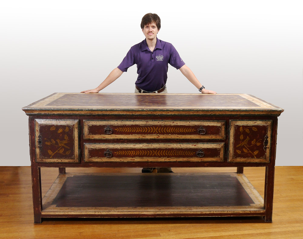 Appraisal: LARGE PAINT DECORATED WORK TABLE WITH DRAWERS Paint decorated all