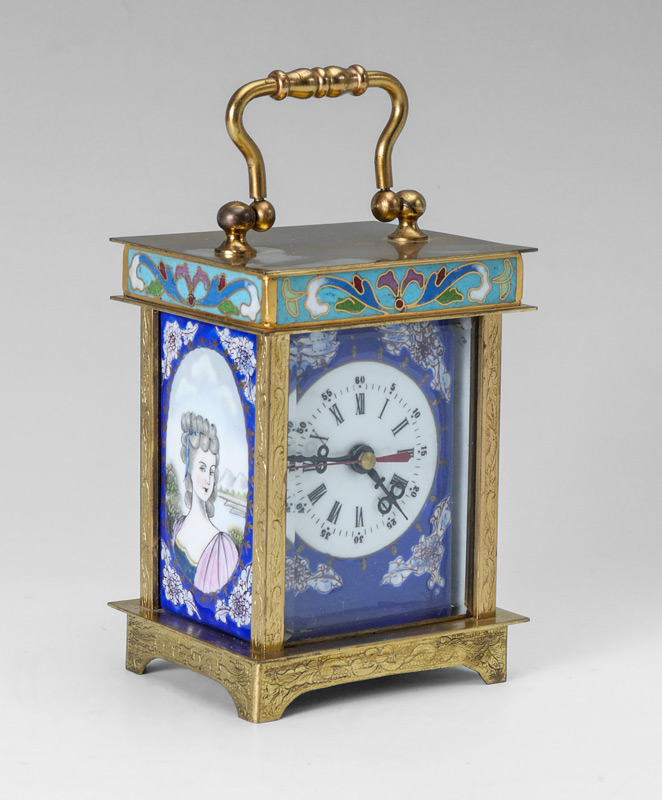 Appraisal: CONTINENTAL BRASS CLOISONNE CARRIAGE CLOCK Brass case with engraved designs