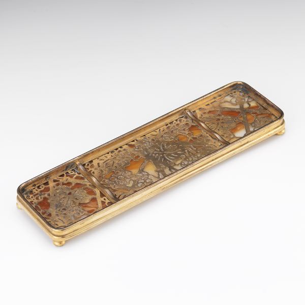 Appraisal: TIFFANY STUDIOS BRONZE AND GLASS PEN TRAY GRAPEVINE PATTERN x