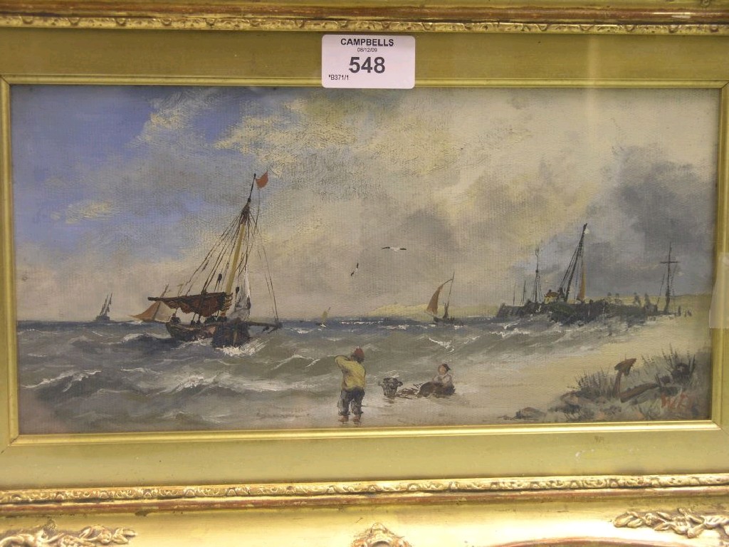 Appraisal: An oil on canvas rough coastal seas with sailing vessels