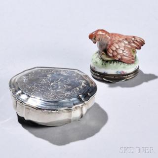 Appraisal: Two Continental Snuff Boxes a French porcelain hen with silver