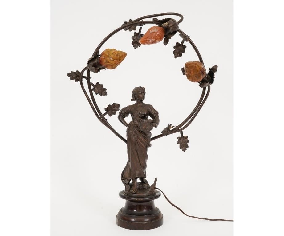 Appraisal: Victorian spelter metal table lamp of a young maiden holding