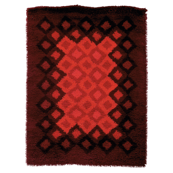 Appraisal: Danish Rya shag rug wool maroon orange and red diamond