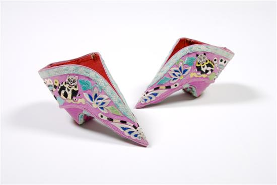 Appraisal: A Pair of Ladys Chinese Silk Bound Feet Shoes Length