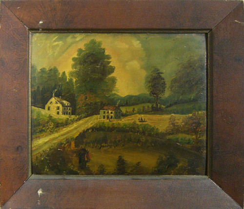 Appraisal: Pair of primitive oil on board landscapes th c x