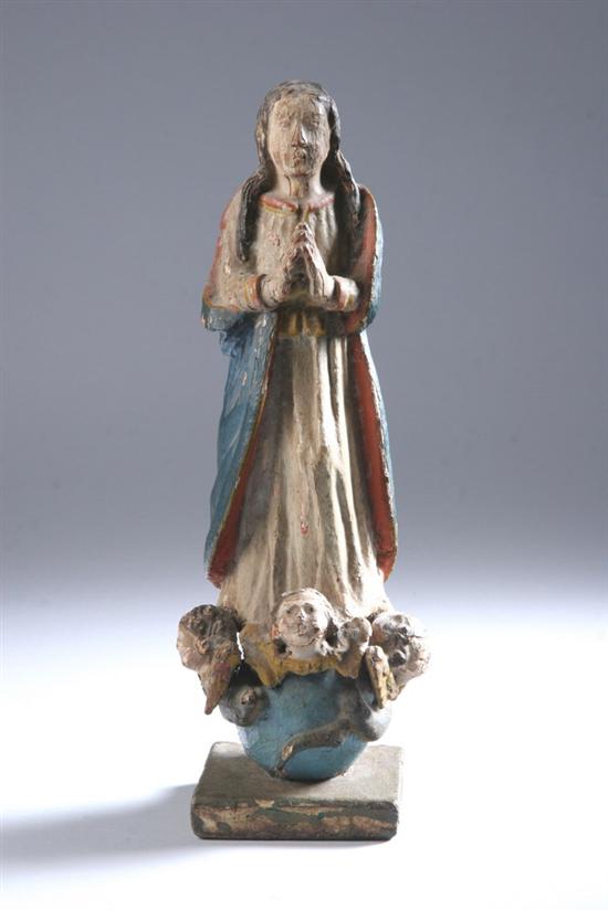 Appraisal: SPANISH COLONIAL CARVED AND PAINTED SANTOS FIGURE OF THE MADONNA