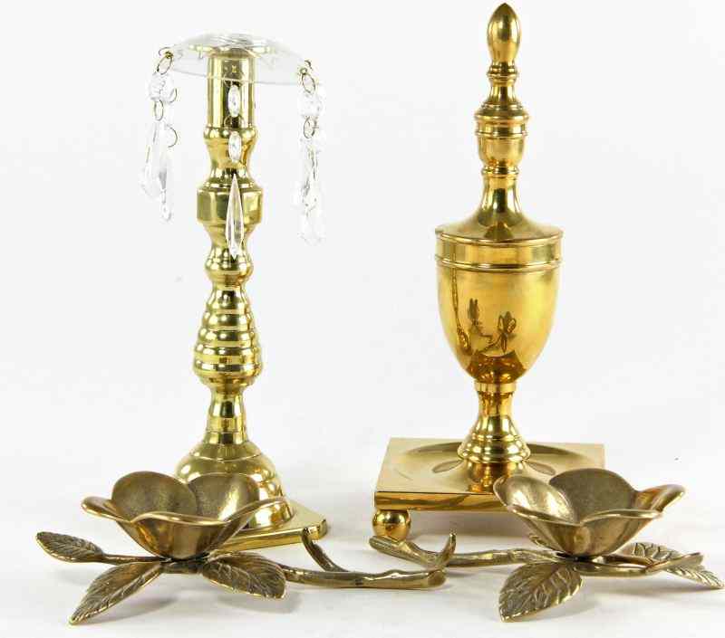 Appraisal: Four Brassware Table Articlesincluding a chamber stick in an urn