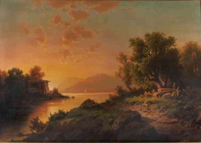 Appraisal: ANTON PICK - A continental lakeside landscape at sunset with