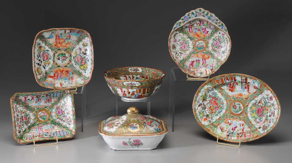 Appraisal: Six Famille Rose Porcelain Serving Dishes Chinese rose medallion square-lidded