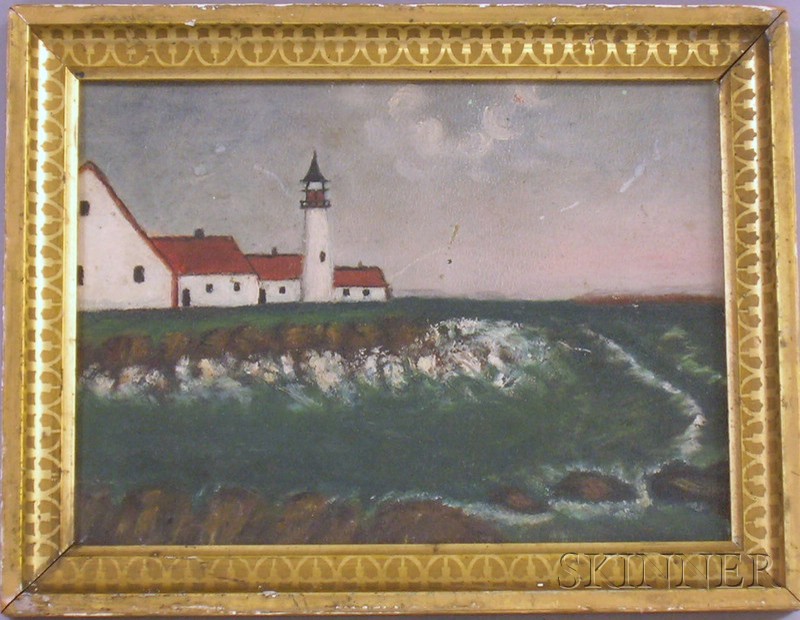 Appraisal: Framed American School Oil on Panel Coastal Scene with Lighthouse