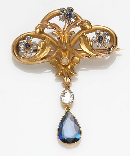 Appraisal: A sapphire diamond and k gold brooch-pendant