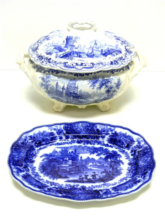 Appraisal: Blue transfer-ware two pieces light-blue soup tureen castle and river