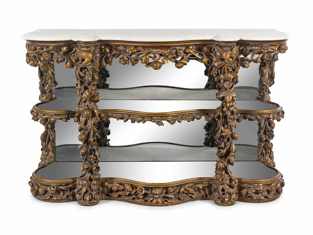 Appraisal: A Continental Giltwood Marble-Top Console Table A Continental Giltwood Marble-Top