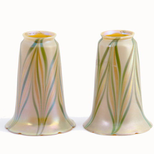 Appraisal: QUEZAL Pair of art glass shades in green and gold