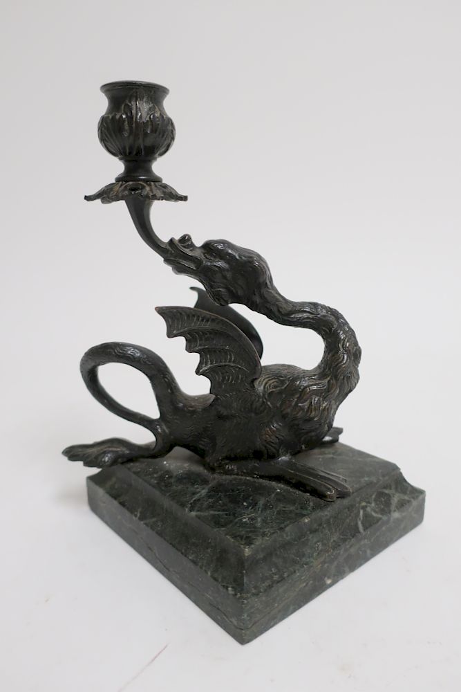 Appraisal: Bronze Dragon Candlestick th century style Green marble base x