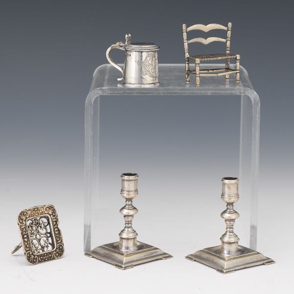 Appraisal: FIVE STERLING SILVER DOLL HOUSE MINIATURES Five miniatures consisting of