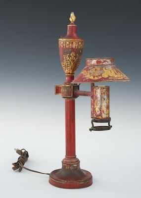 Appraisal: An Antique Red Tole Bouillote Lamp Apprx - H to