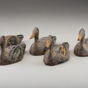 Appraisal: Five Painted Wood Duck Decoys th Century Height of each